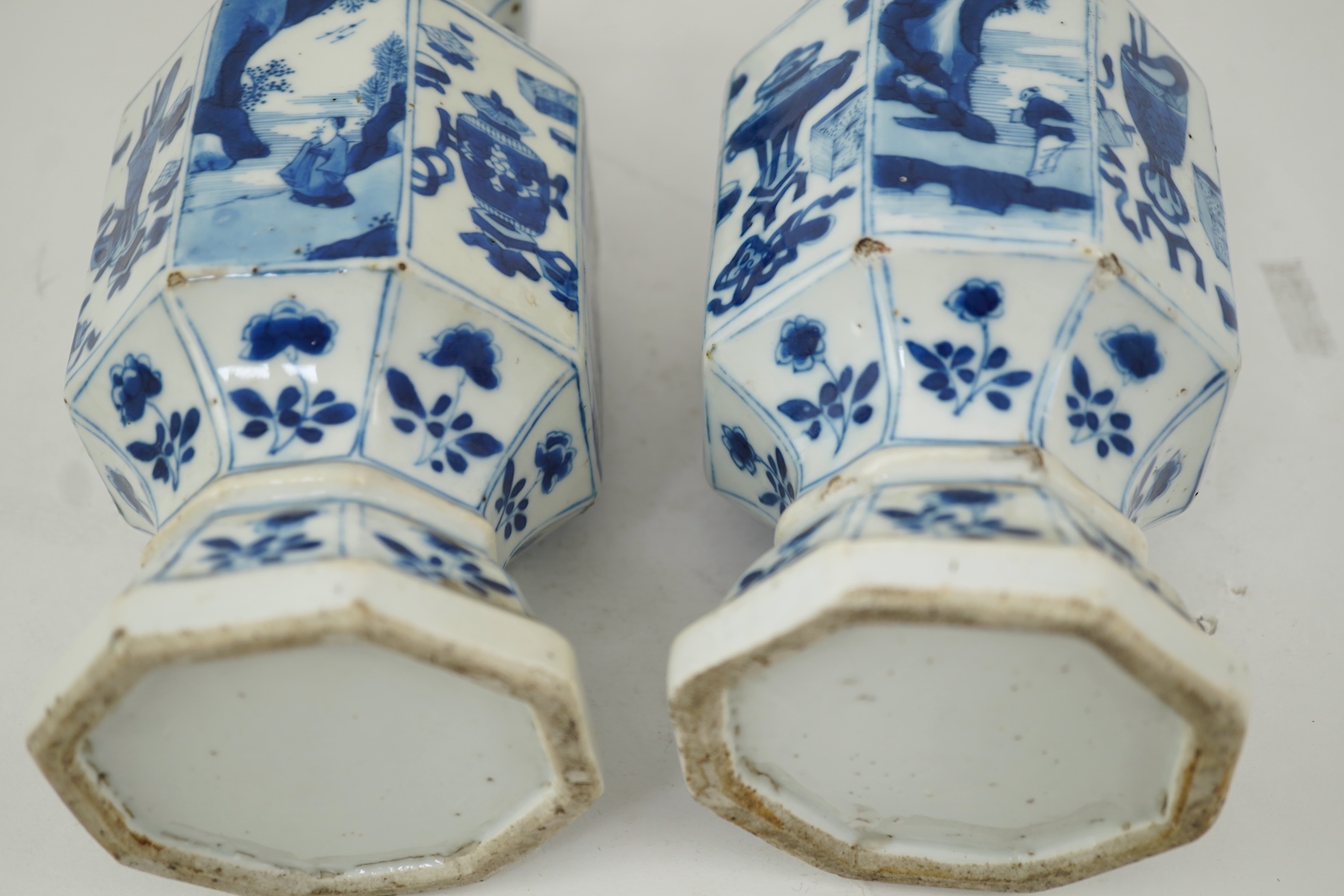 A pair of Chinese blue and white octagonal vases, Kangxi period